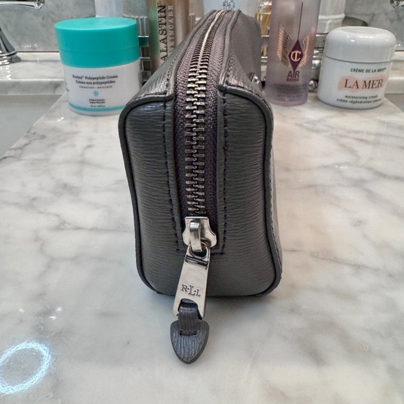 Ralph Lauren Leather Cosmetic Travel Toiletry Bag Pouch Gray - Picture 2 of 6